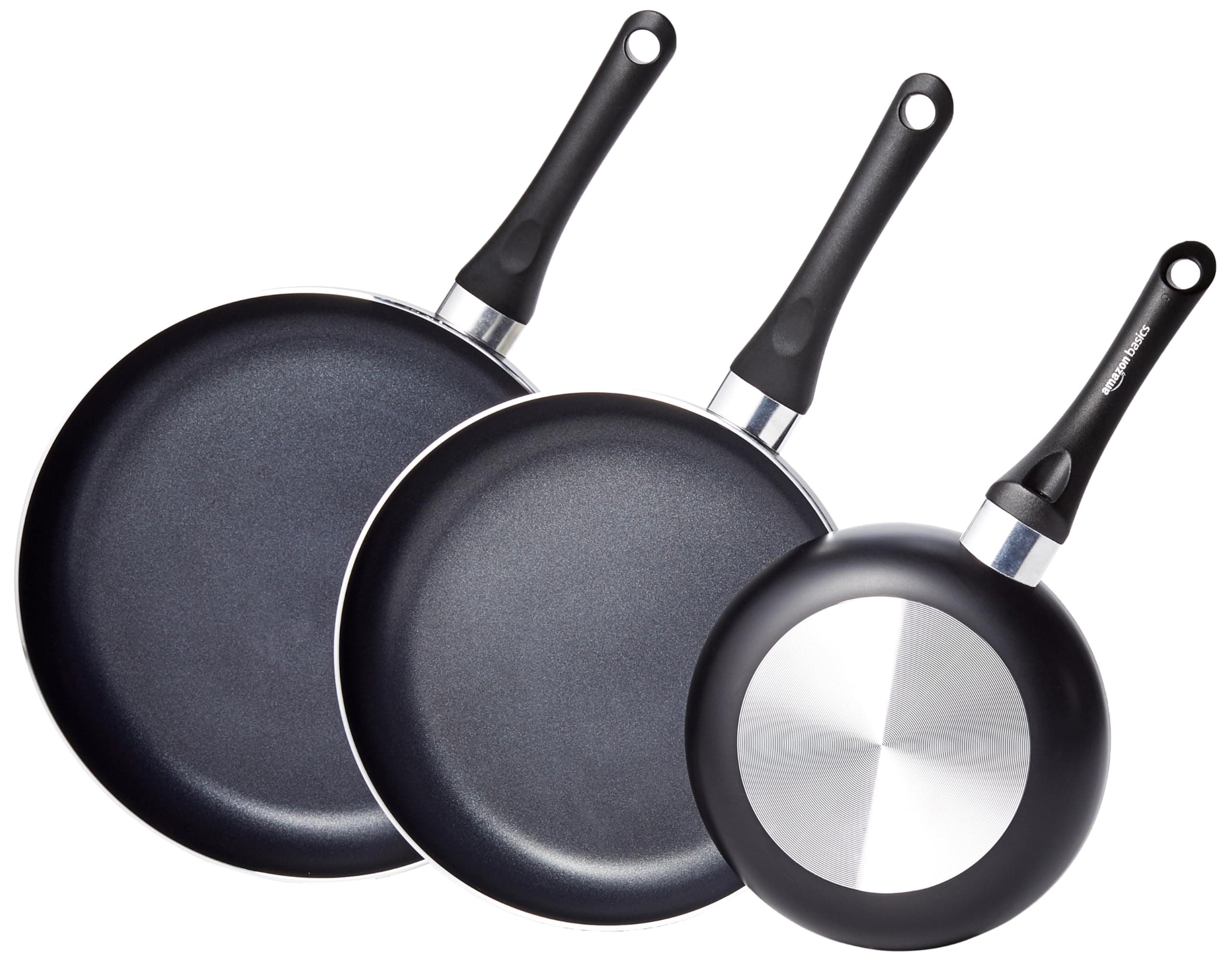 Amazon Basics 3-Piece Non-Stick Frying Pan Set, 20 cm, 25 cm, and 30 cm, Variety Pack, Black