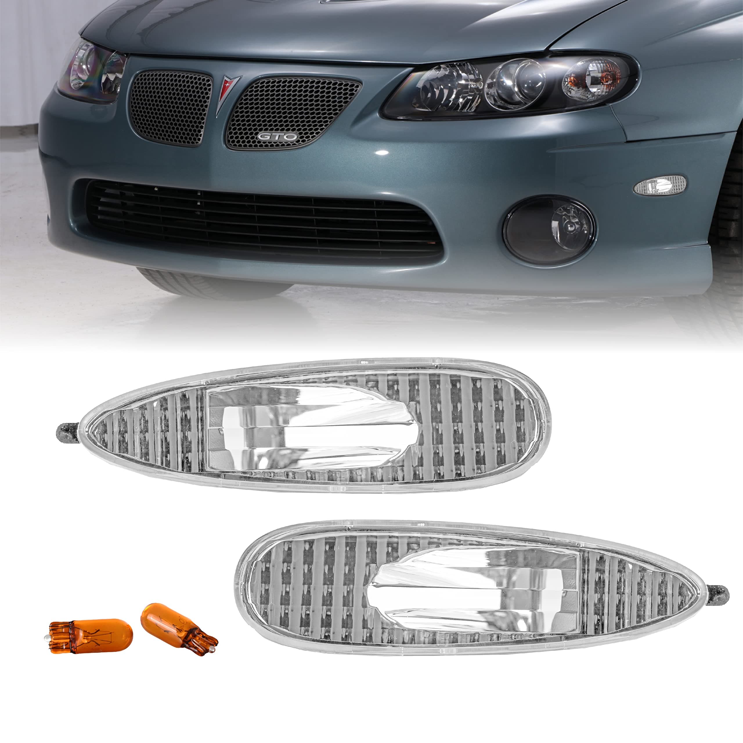 USR UNIQUE STYLE RACING 04-06 GTO Side Marker Lights - Front Bumper Sidemarkers Lamps Set (Left + Right) Compatible with 2004-2006 Pontiac GTO (Clear Lens with Amber Bulbs)