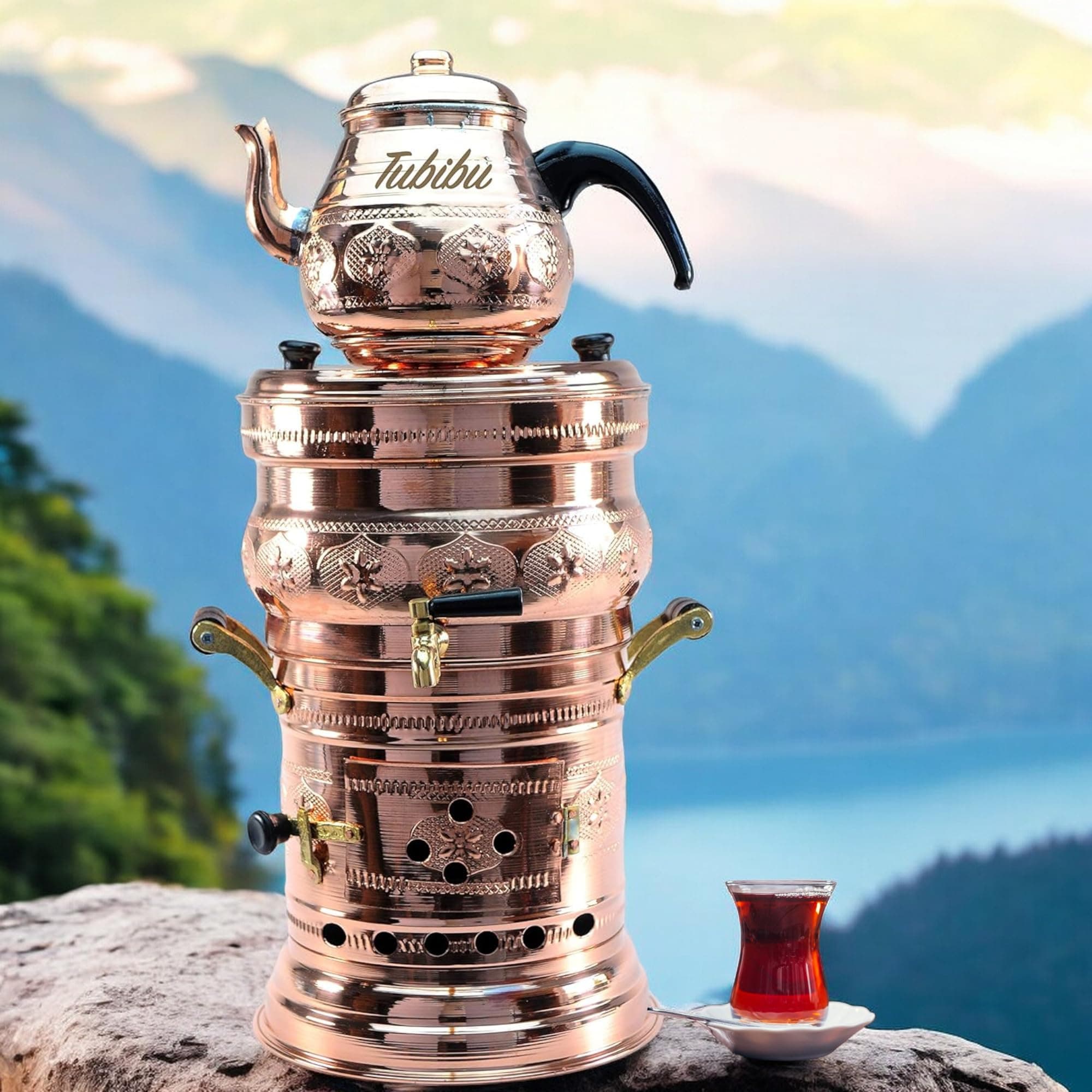 Samovar Tea Pot Set Charcoal Handmade Real Copper Samovar (Copper, Medium)