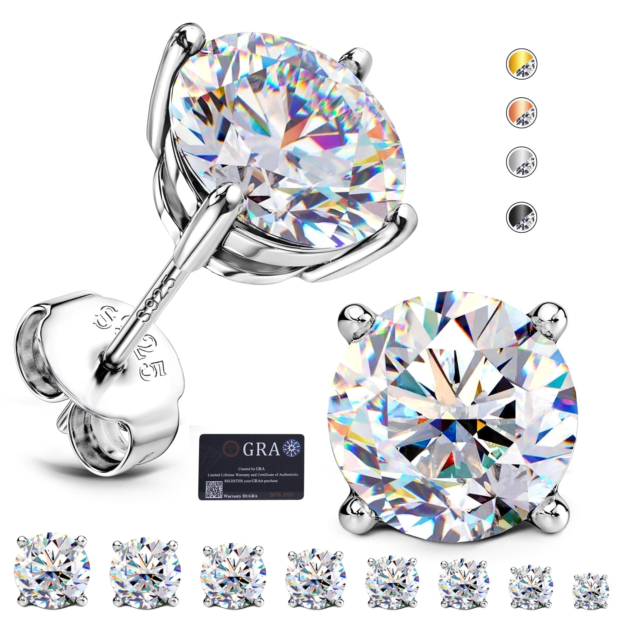 Moissanite Stud Earrings : 18K White Gold Plated Solid 925 Sterling Silver Earring Lab Created Diamond Hypoallergenic Dainty Flat Back Earrings Jewelry for Women Men D Color VVS1 Clarity