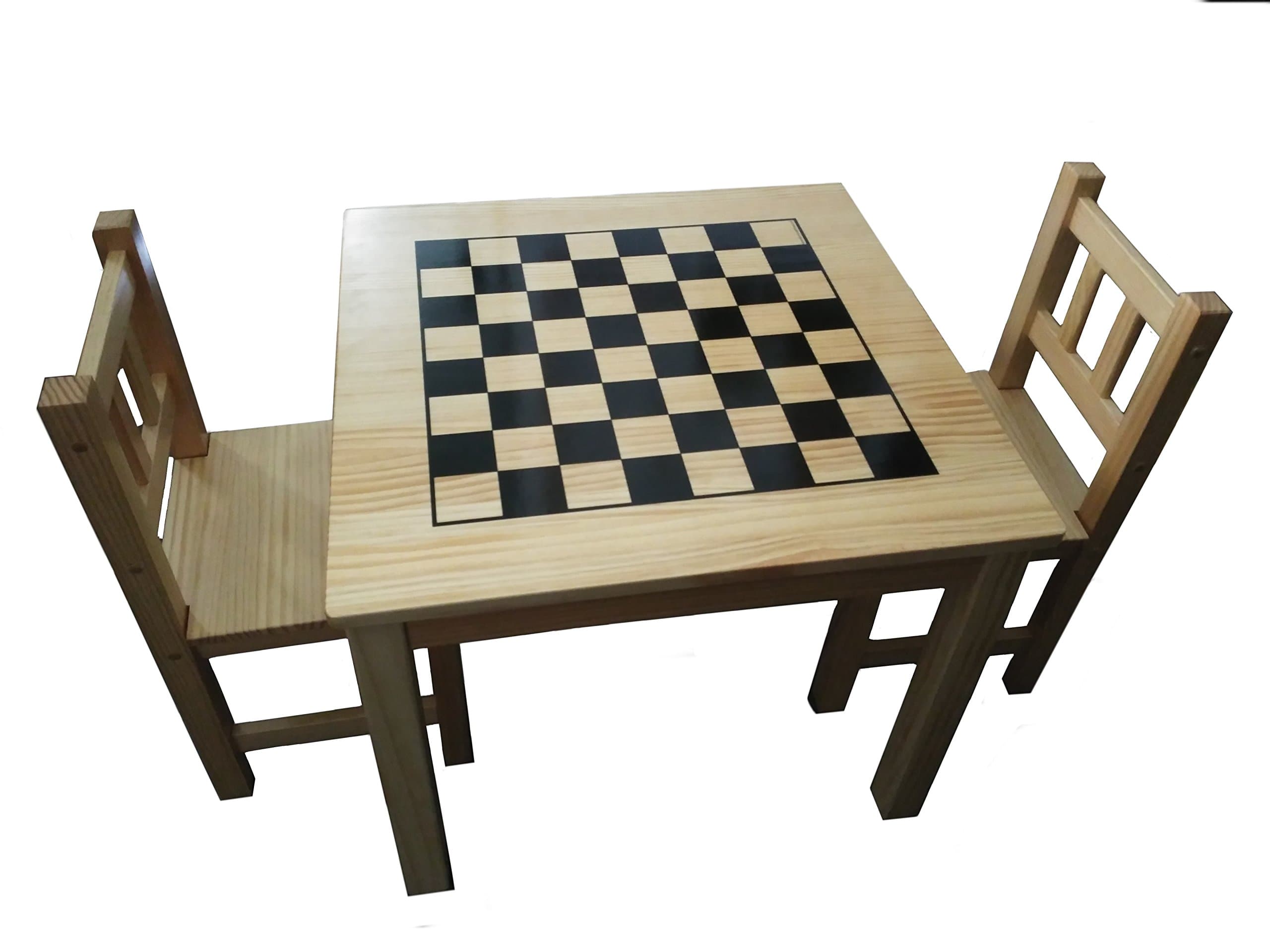 Chess Set. 1 Table + 2 Chairs. Includes Chips. In Natural Pine.