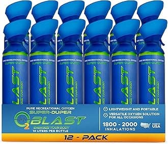 O2 Blast - Pure Oxygen Supplement, Portable Can Filled with 99.99% Pure Oxygen with Custom Breathing Mask, Energy, Performance, Fast Recovery Time, Ideal for High Altitude & Sports - 10L, 12-Pack