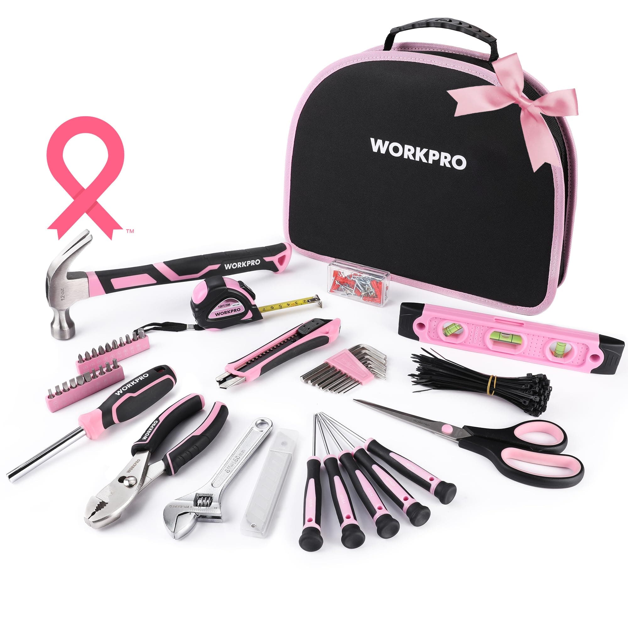 - WORKPRO Pink Tool Kit - 236 Pieces Pink Tool Set with Easy Carrying Round Pouch, Household Tool Kit Perfect for DIY, Home Maintenance - Pink Ribbon