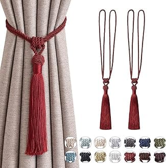 Pretty Jolly 2 Pack Long Tassel Curtain Tiebacks Handmade Braided Rope Knot Drape Tie Backs European Style Decorative Curtain Holdbacks for Home & Office Window Drapery (Wine Red)
