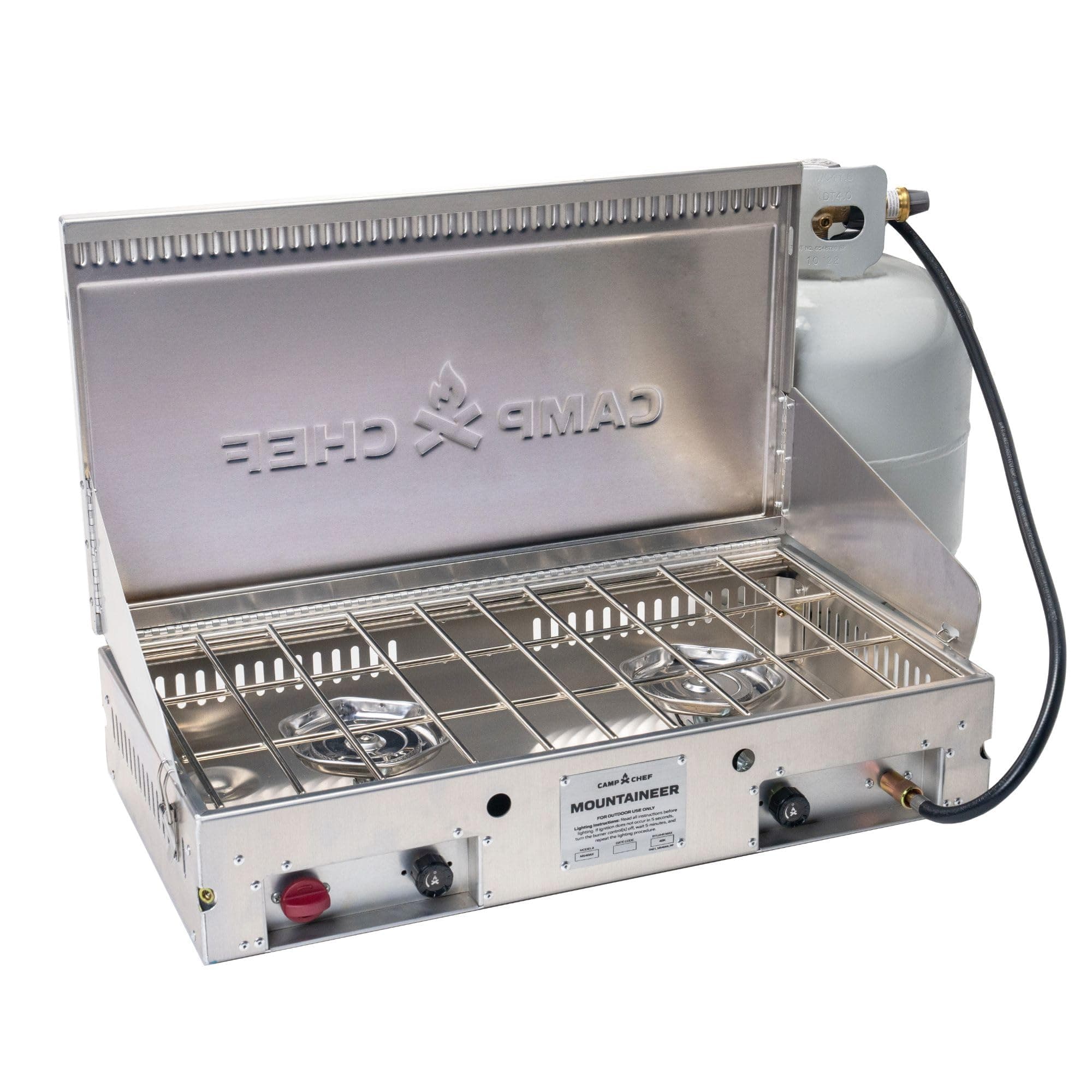 - Mountaineer 2-Burner Camp Stove - Portable Aluminum Cooktop with 40,000 Total BTUs of Power, Wind Screen & Matchless Ignition