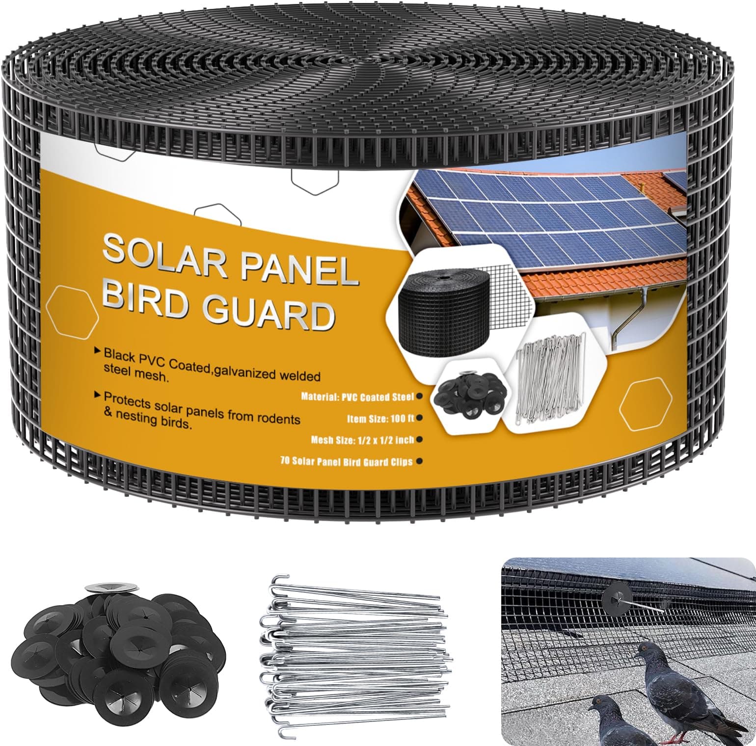 Solar Panel Bird Guard,6in x 100ft Critter Guard Roll Kit for Roof Protection Net Wire Screen,Rust-Proof Black PVC Coated Galvanized Net Pigeon Mesh with 70 Fastener Clips for Bird,Animal Control