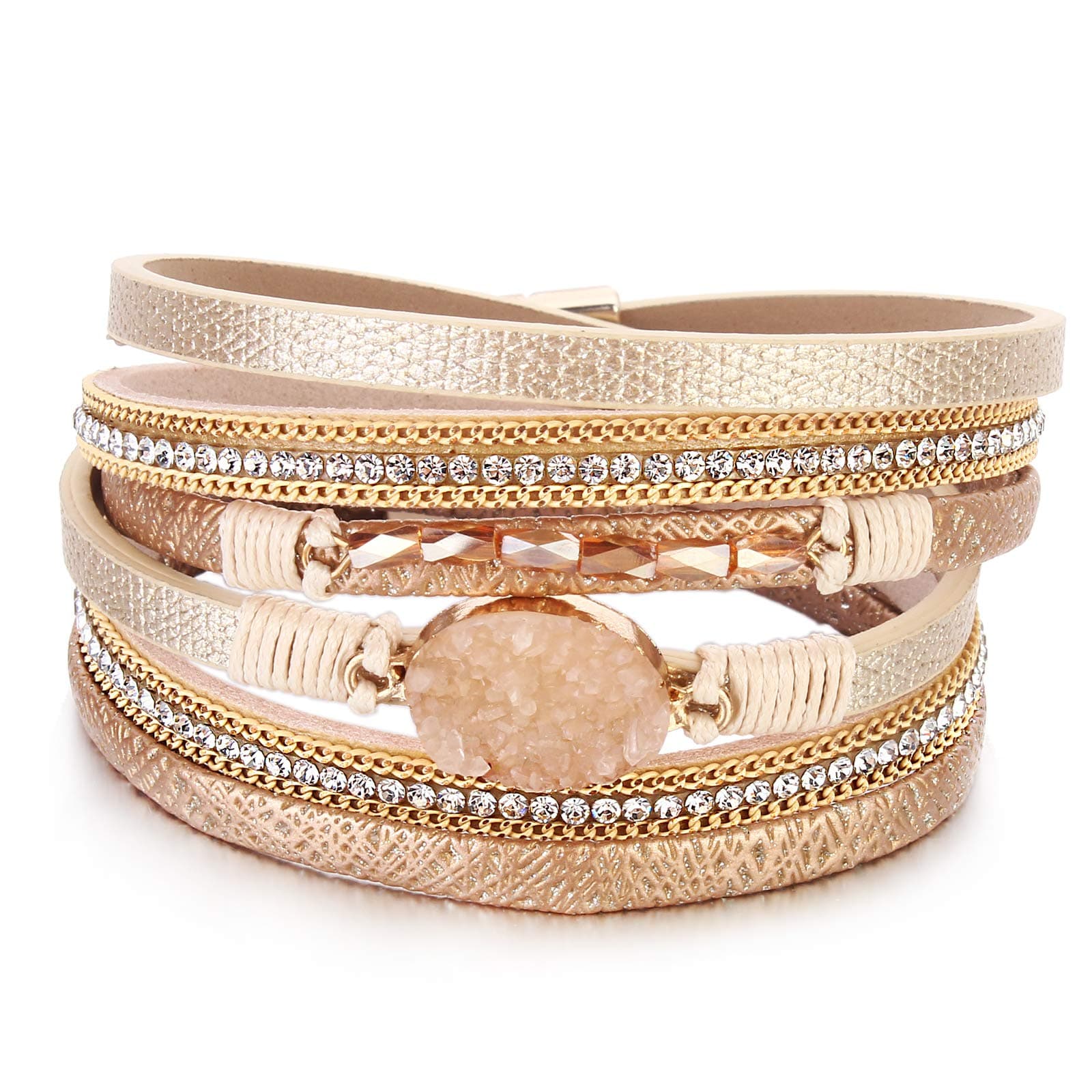 Boho Leather Wrap Bracelet Stackable Chunky Crystal Cuff Bracelets Western Jewelry Summer Beach Outfits for Women