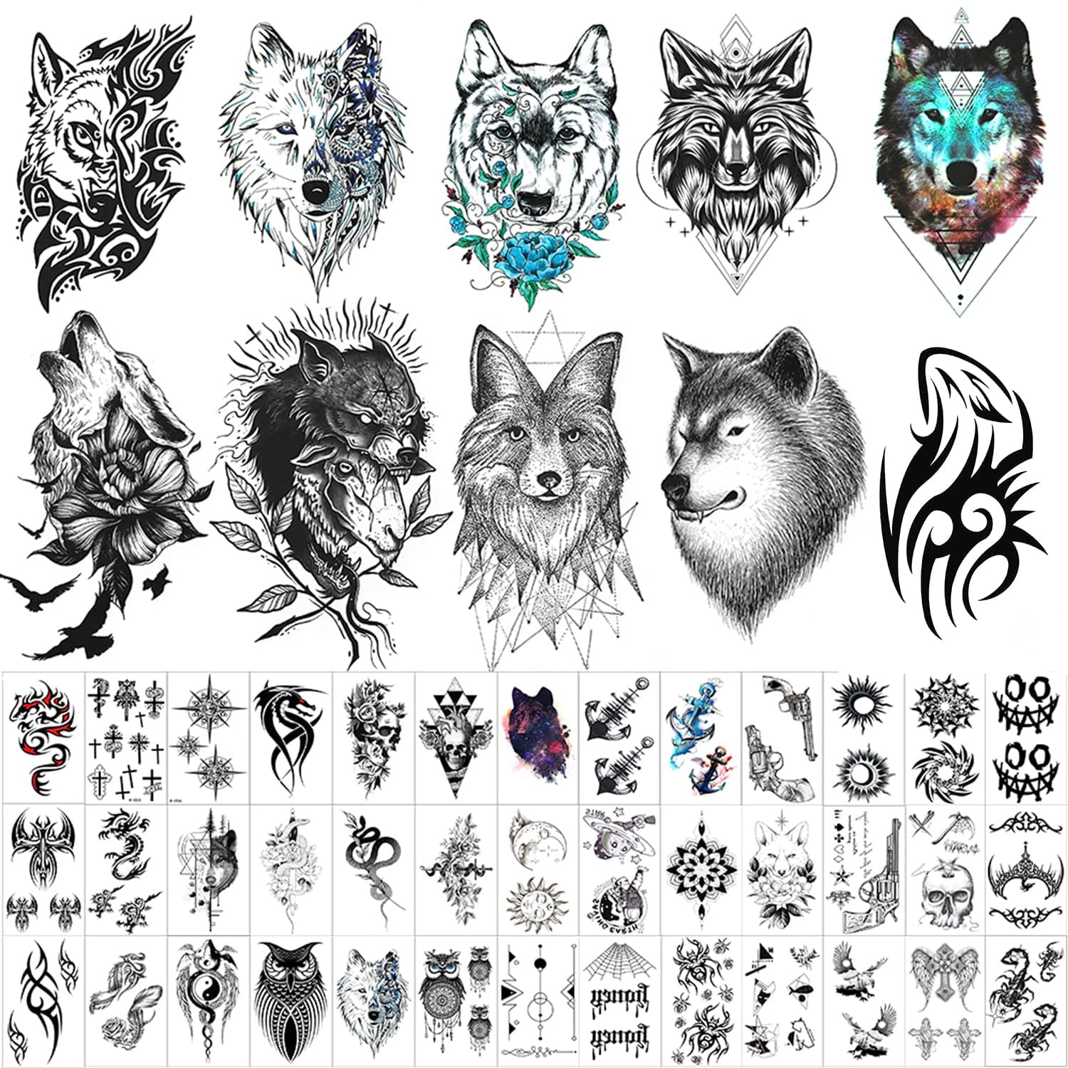 AWLEE 50 Sheets Forearm Half Sleeve Wolf Temporary Tattoos for Men Women Adults Fake Tattoos 3D Large Tribal Wolf Coyote Fake Tattoo Stickers Black Realistic Animals Art Tattoo