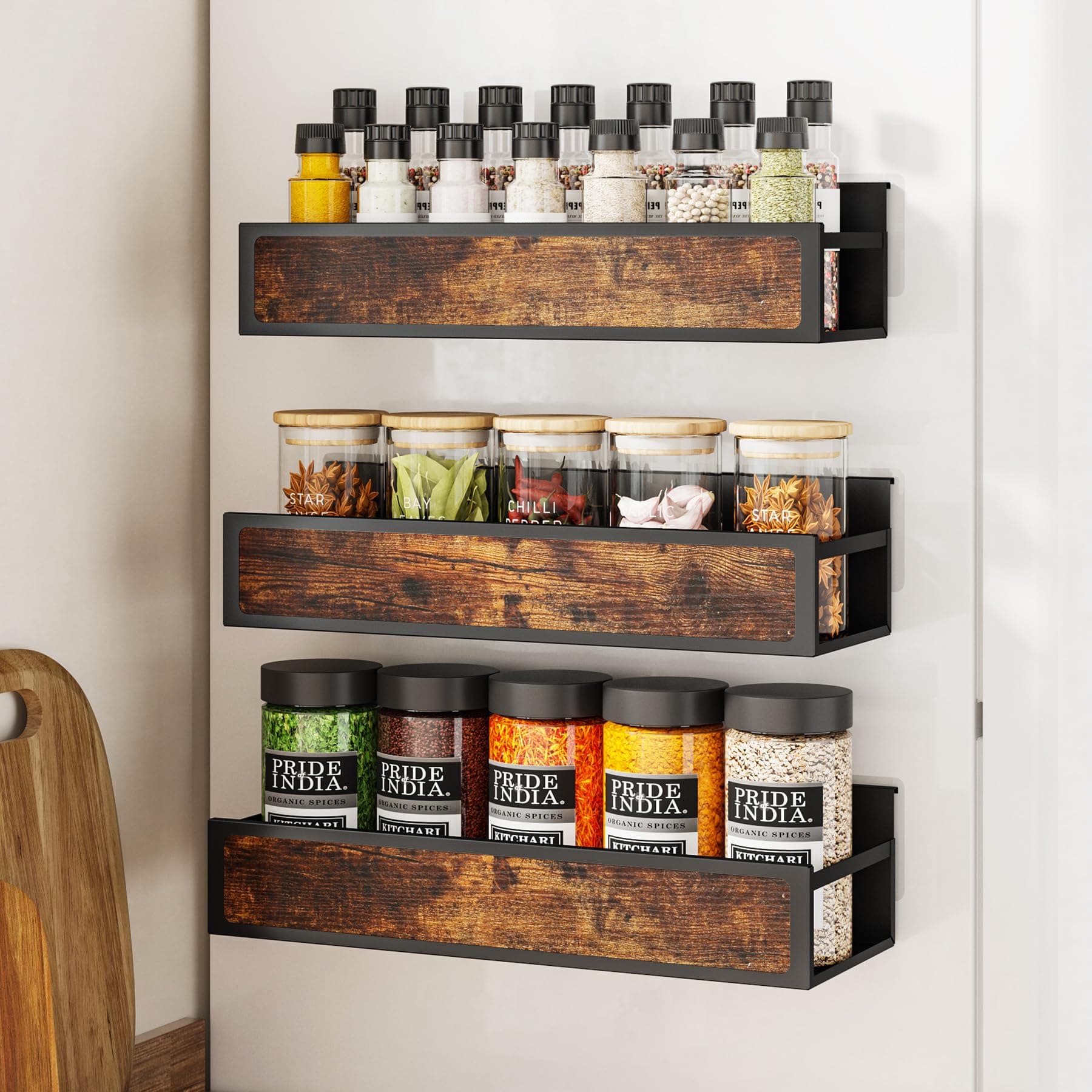 1Easylife Spice Rack for Refrigerator Adhesive: 3 Pack Wall Mounted Fridge Organizer, Hanging Arcrylic Metal Spice Rack, Wooden Kitchen Storage and Organization Shelf, Brown