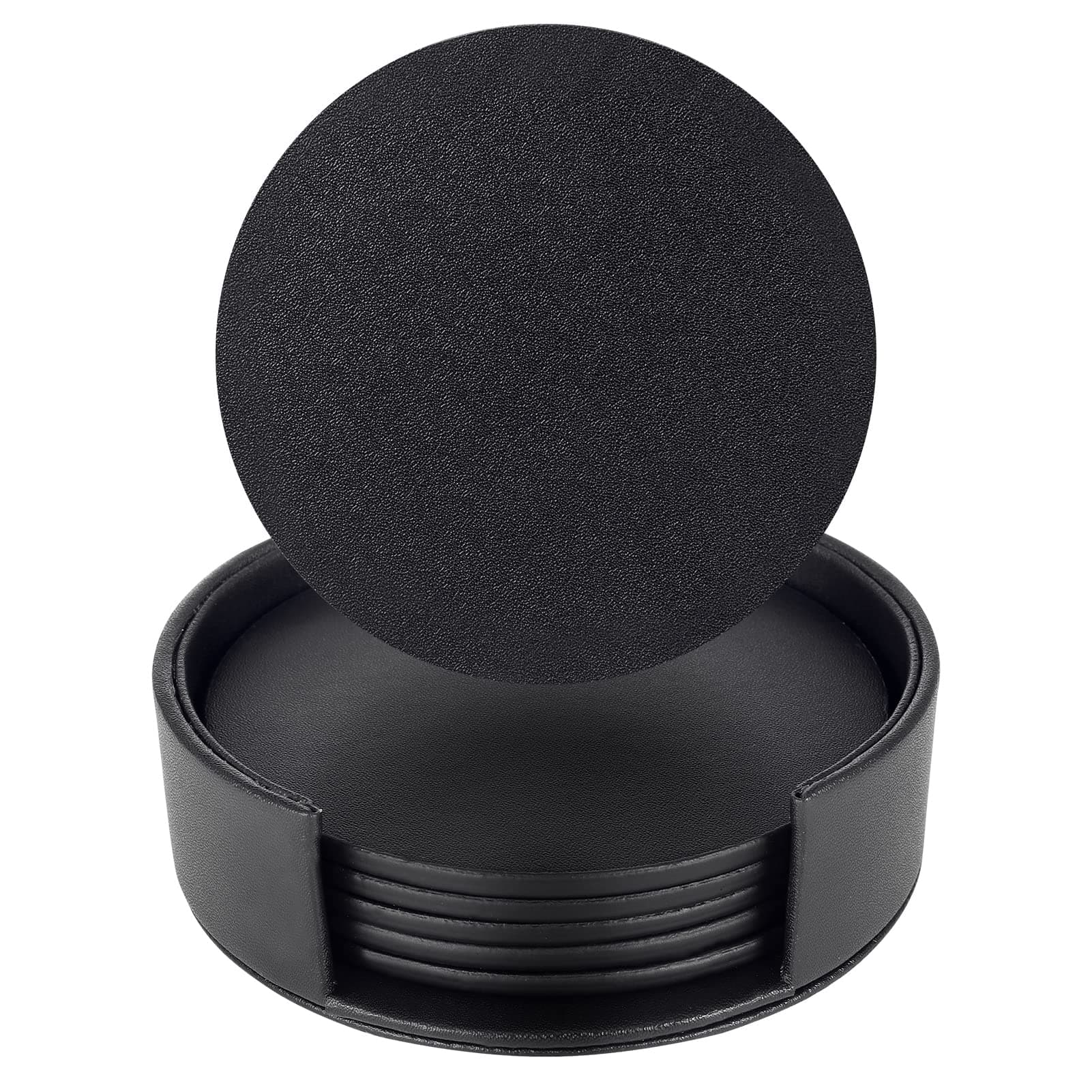 Coasters for Drinks with Holder Black Round Coasters Set PU Leather Cup Mats for Coffee Beer Tea Mug Wine Pub, Drink Coasters Set of 6