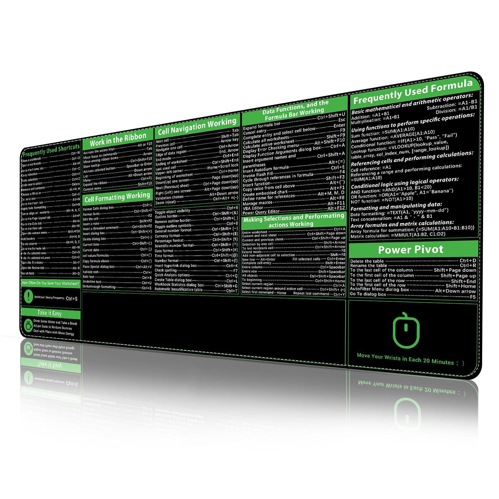 ProbTis Excel Cheat Sheet Desk Pad, Upgraded Pro Version, Excel Shortcuts Mousepad Stitched Edges, Non-Slip Base Keyboard Mats, XXL Giant Mouse Pads for Desk, 35.4”x15.7”, Back to School