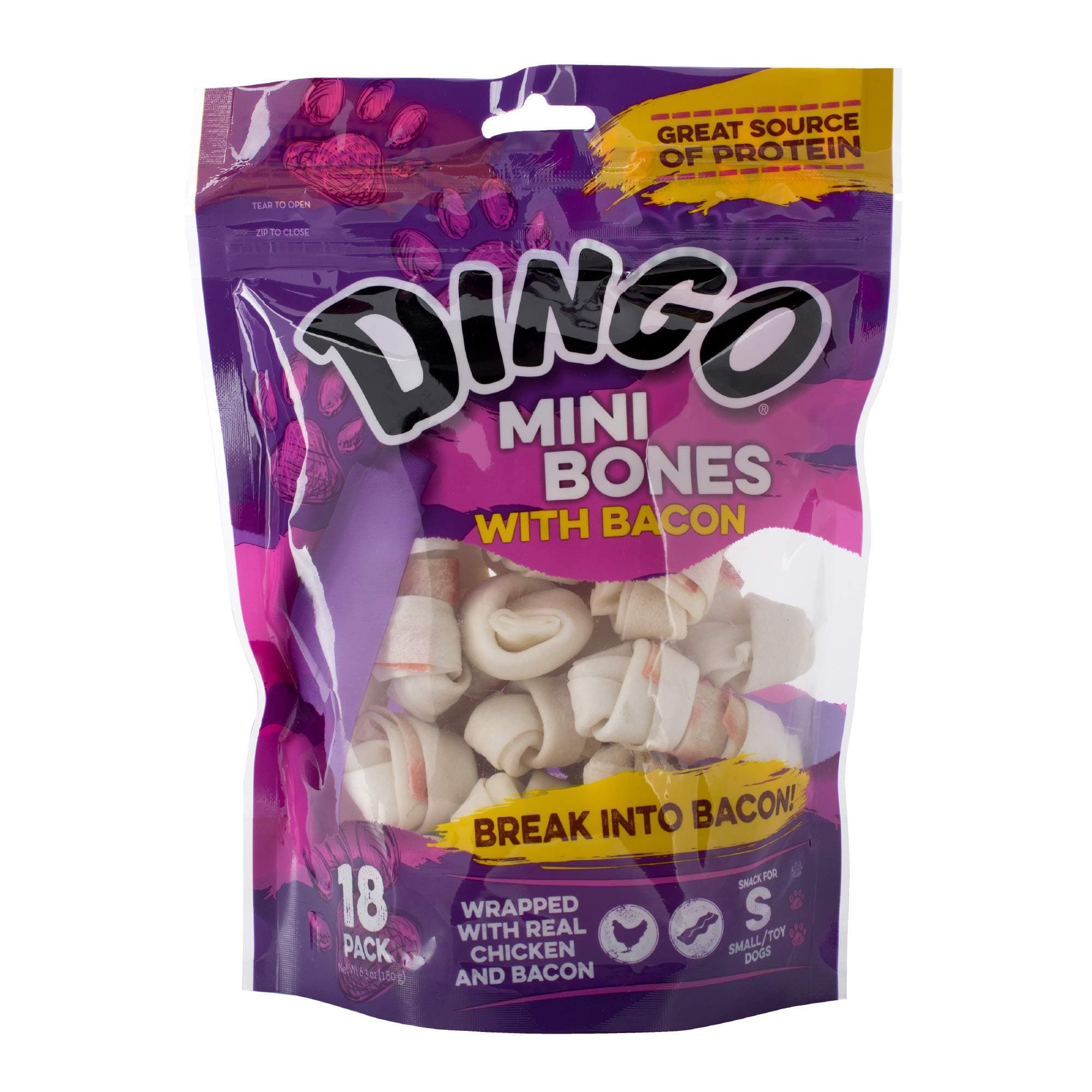 Dingo Mini Bones With Bacon, 18 Pack, Snack For Small Dogs