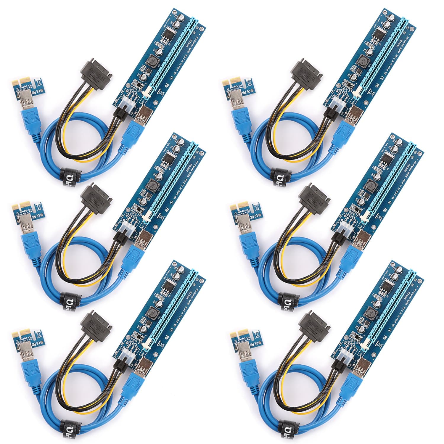 The PCI-E Riser for BitcoinLitecoin ETH Coin Ubit Mining Dedicated Graphics Card PCI-E Riser 1X to 16X Riser Card 164P / 60cm USB 3.0 Extension Cable & MOLEX to SATA Power Cable(6-PCS,6pin)
