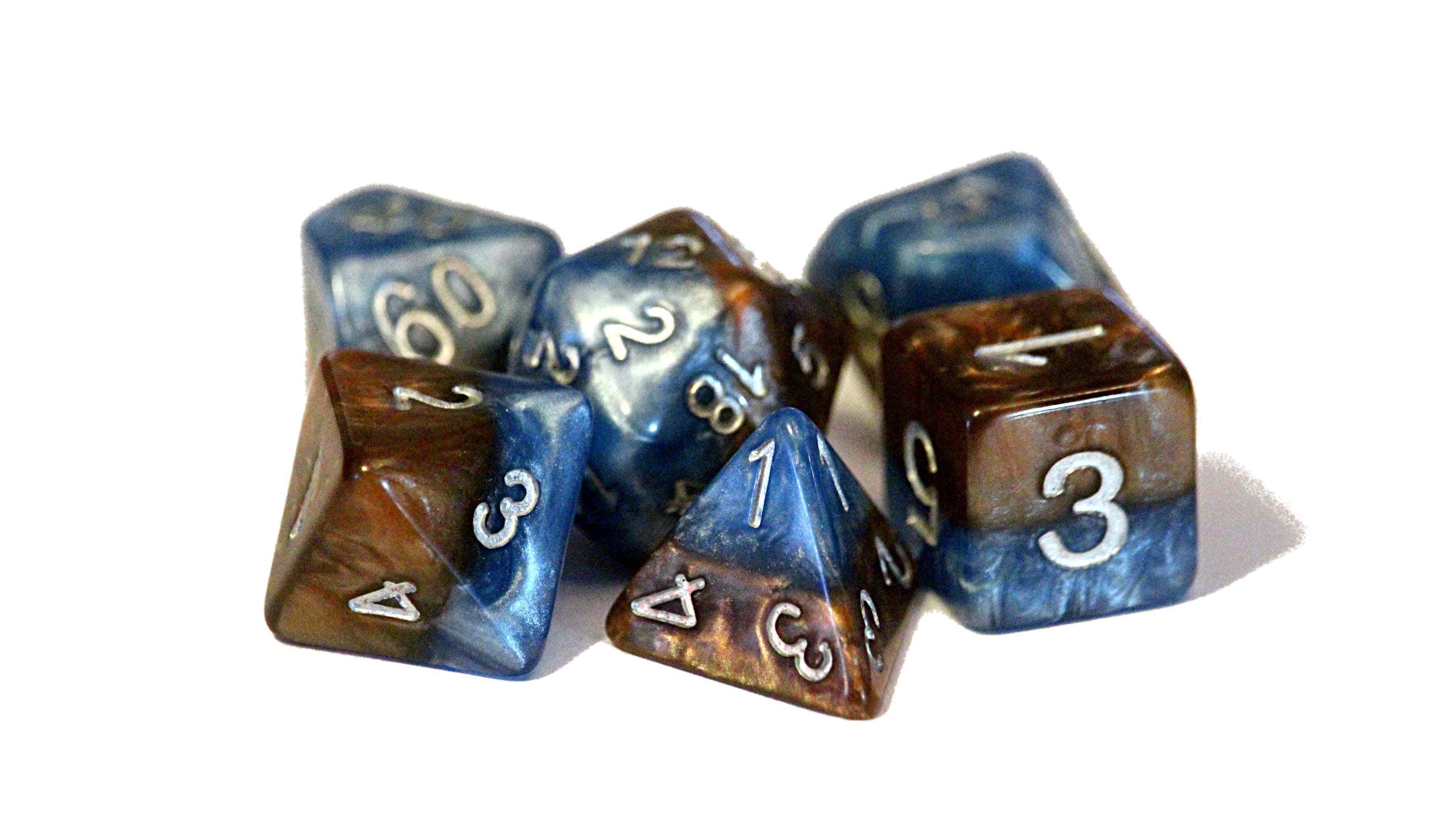 Gate Keeper GamesEarth Elemental Halfsies Dice - 7 die polyhedral dice Set - Cerulean Blue & Terran Brown - Silver Numbering