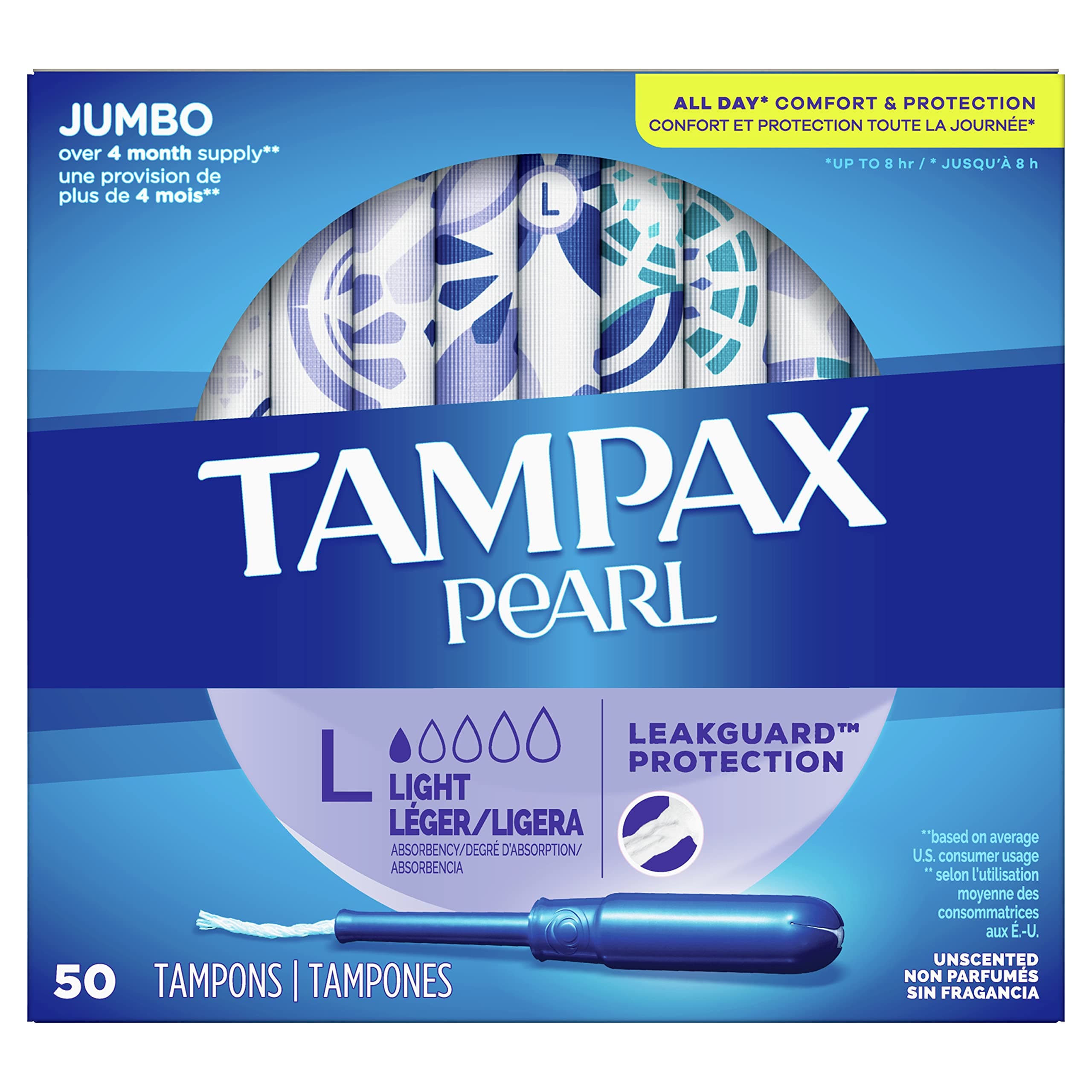 Tampax Pearl Tampons with Plastic Applicator, Light Absorbency, Unscented, 50 Count, Pack of 4 (200 Count Total)