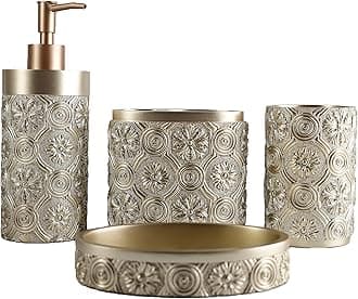 Hymmah Bathroom Accessories Set,Golden Design Toothbrush Holder,Farmhouse Bathroom Decor,4 Pcs Resin Gift Set Apartment Necessities, Contain Toothbrush Cup,Soap Dispenser,Soap Dish,Tumbler