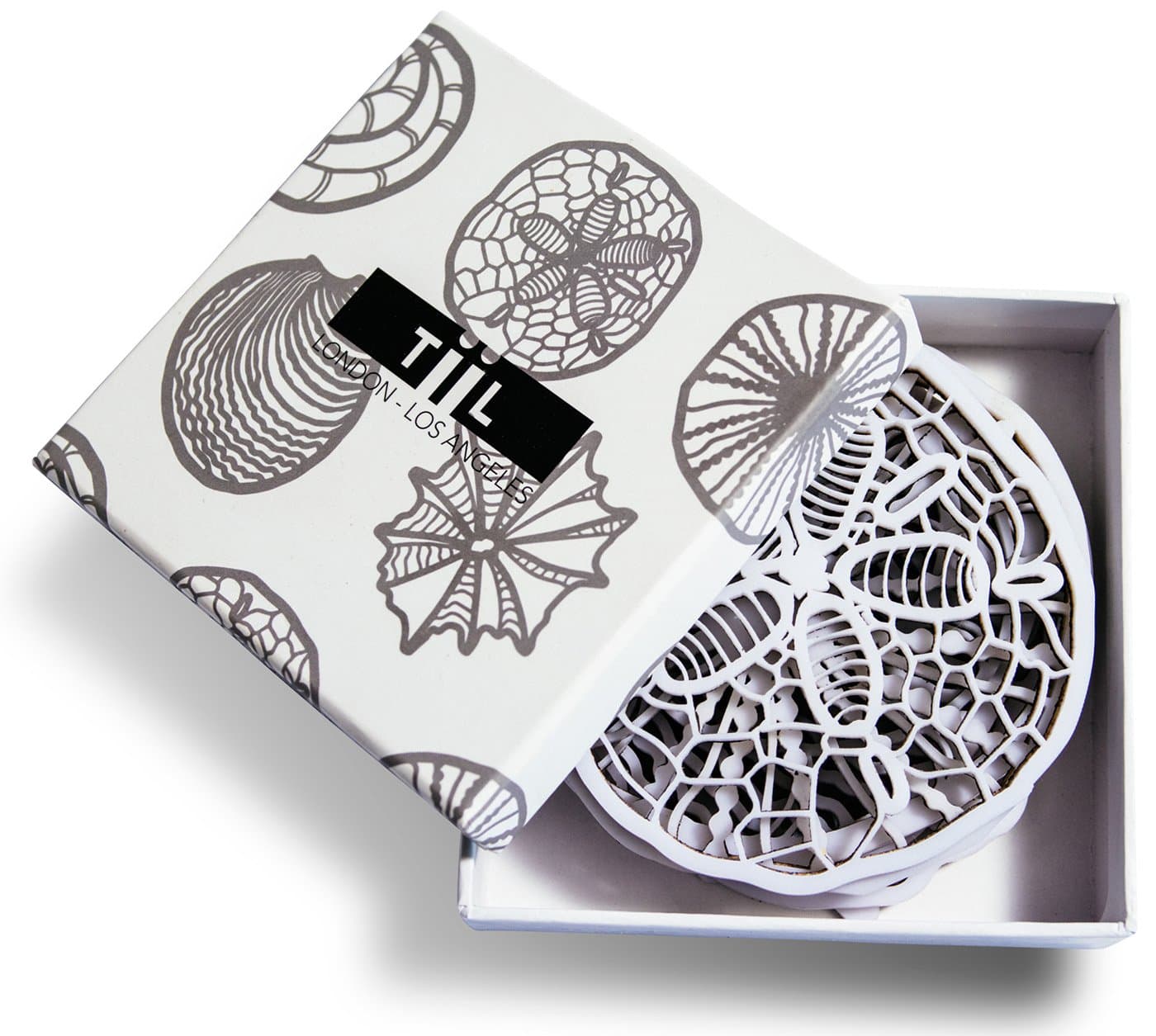 Drink Coasters By TiiL. Seashell-Inspired Designer Coaster Set of 6 Plus Gift Box, White