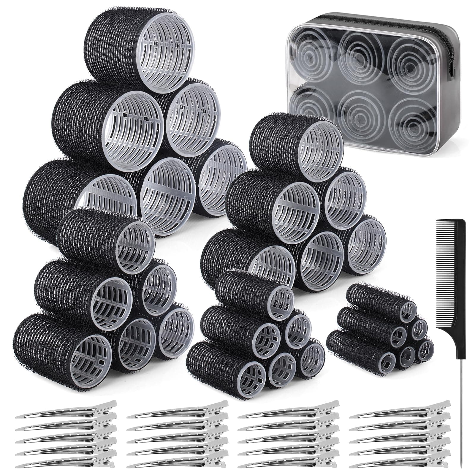 60 PCS Hair Rollers with Clips, 5 Sizes(60/48/36/25/15mm) Velcro Rollers with 28 Metal Clips, Perfect for Long Medium Short Thick Hair (Black)