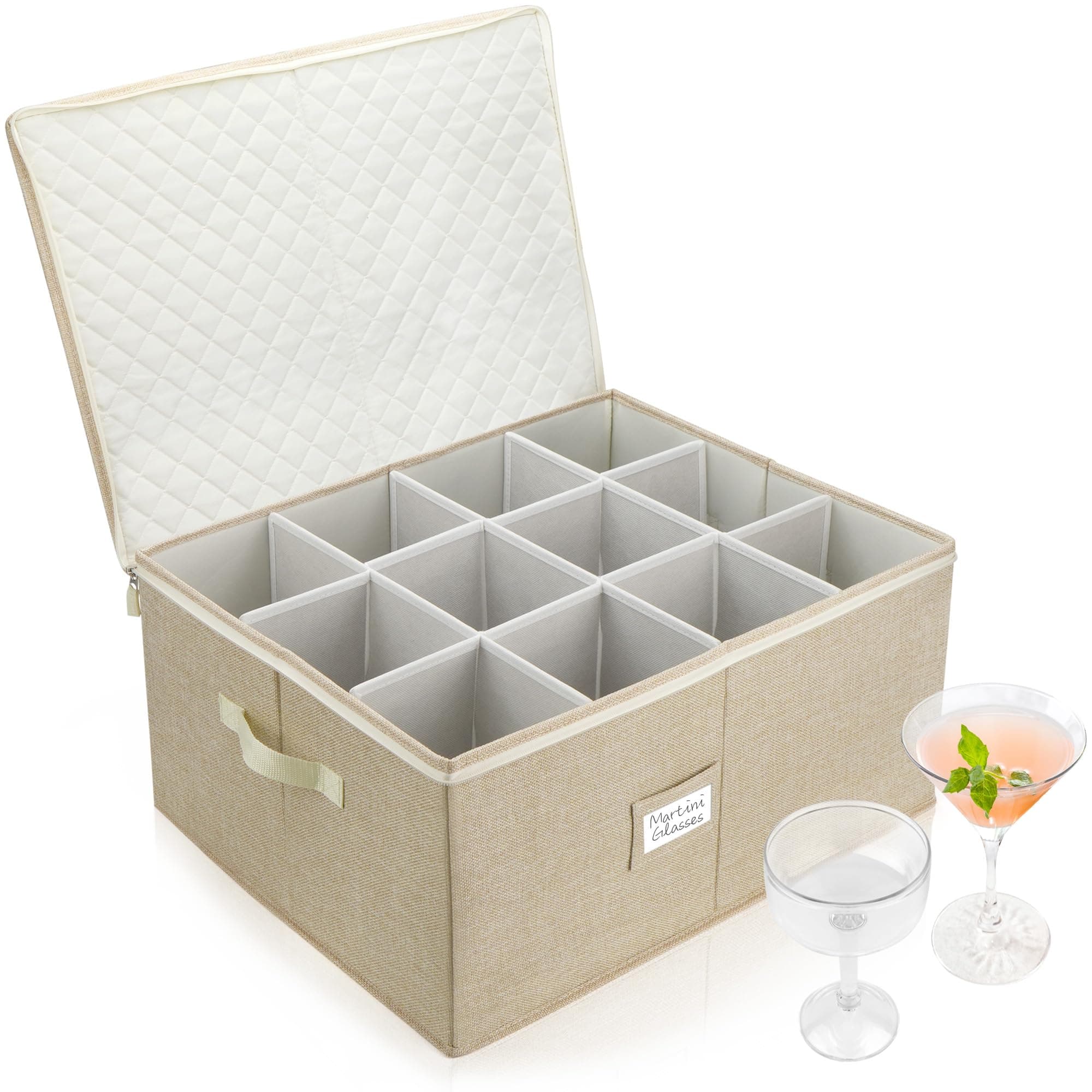 LotFancyStemware Storage Container, Hard Shell, Large Wine Glass Storage Box for Moving, Stackable, Foldable, Crystal Glassware, Drinkware Case with Dividers & Handles, 21”x15.5”x10”, Beige