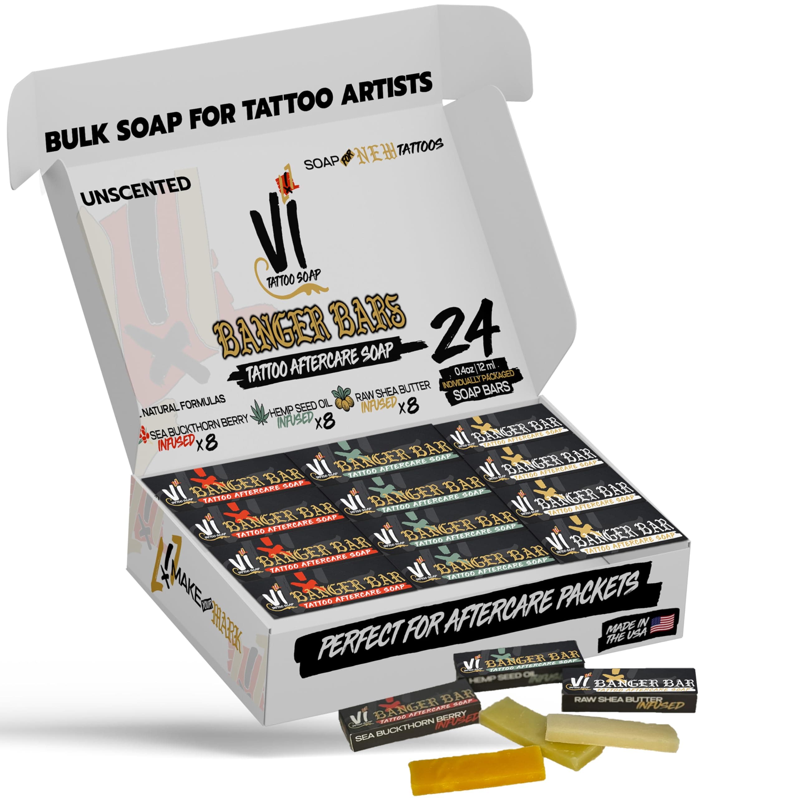 Banger Bars Tattoo Aftercare Bulk Soap – 24 Count | Individually Packaged 0.4oz Bars for Artists, Studios & Shops | Unscented Gentle Cleansing Formula, Wholesale Supplies Variety Pack