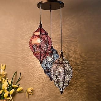 Homesake Moroccan Hanging Pendant Lights - Vintage Handcrafted Metal Ceiling Lamps, Jhumar Chandelier for Living Room, Bedroom, Dining Room - LED, Festive Lighting, Ramadan Decorations for Home