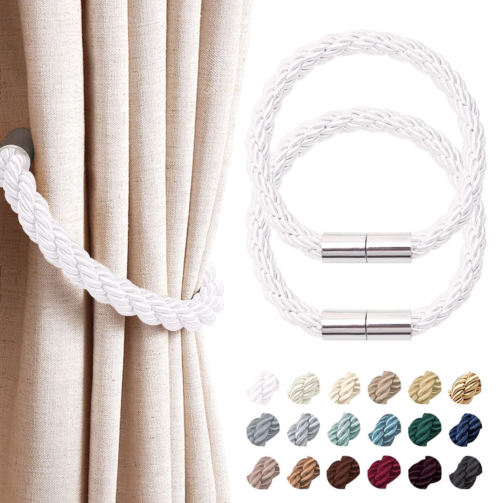 2 Pack Strong Magnetic Curtain Tiebacks Modern Simple Style Drape Tie Backs Convenient Decorative Weave Rope Curtain Holdbacks for Thin or Thick Home & Office Window Draperies (Silver White)
