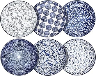 Selamica Porcelain Salad Pasta Bowls, Serving bowls, Microwave & Dishwasher Safe, Sturdy & Stackable - 26 Ounce, Set of 6, Vintage Blue