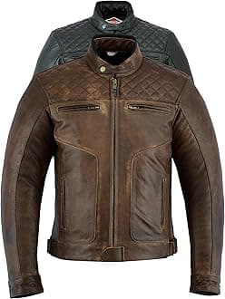 Texpeed Mens Leather Motorcycle Jacket - Touring Motorbike Jacket With Genuine Biker CE Armour (EN 1621-1) Protection Quilted Diamond Stitched Design - Brown - S
