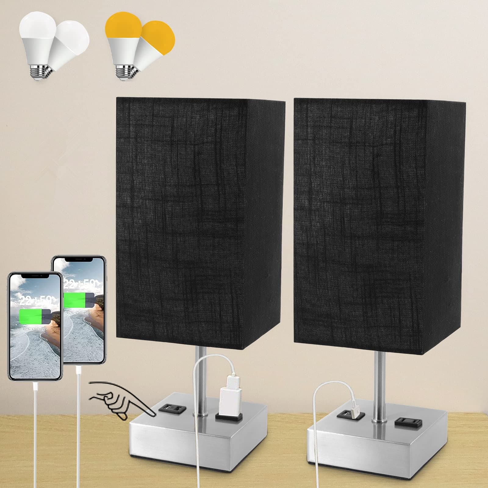 Dott Arts Touch Control Table Lamp Set of 2 ，3-Way Dimmable Bedside Lamp with 2 USB Ports & AC Outlet，Night Light Lamp with Black Fabric Shade for Living Room,Bedroom, Small Table Lamp with 4 Bulbs