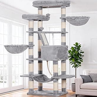 Cat Tree, 68 inch Multi-Level Cat Tower for Indoor Cats, 2 Widened Plush Perches Cat Condo with Scratching Board and Big Caves, Light Gray HCT025W