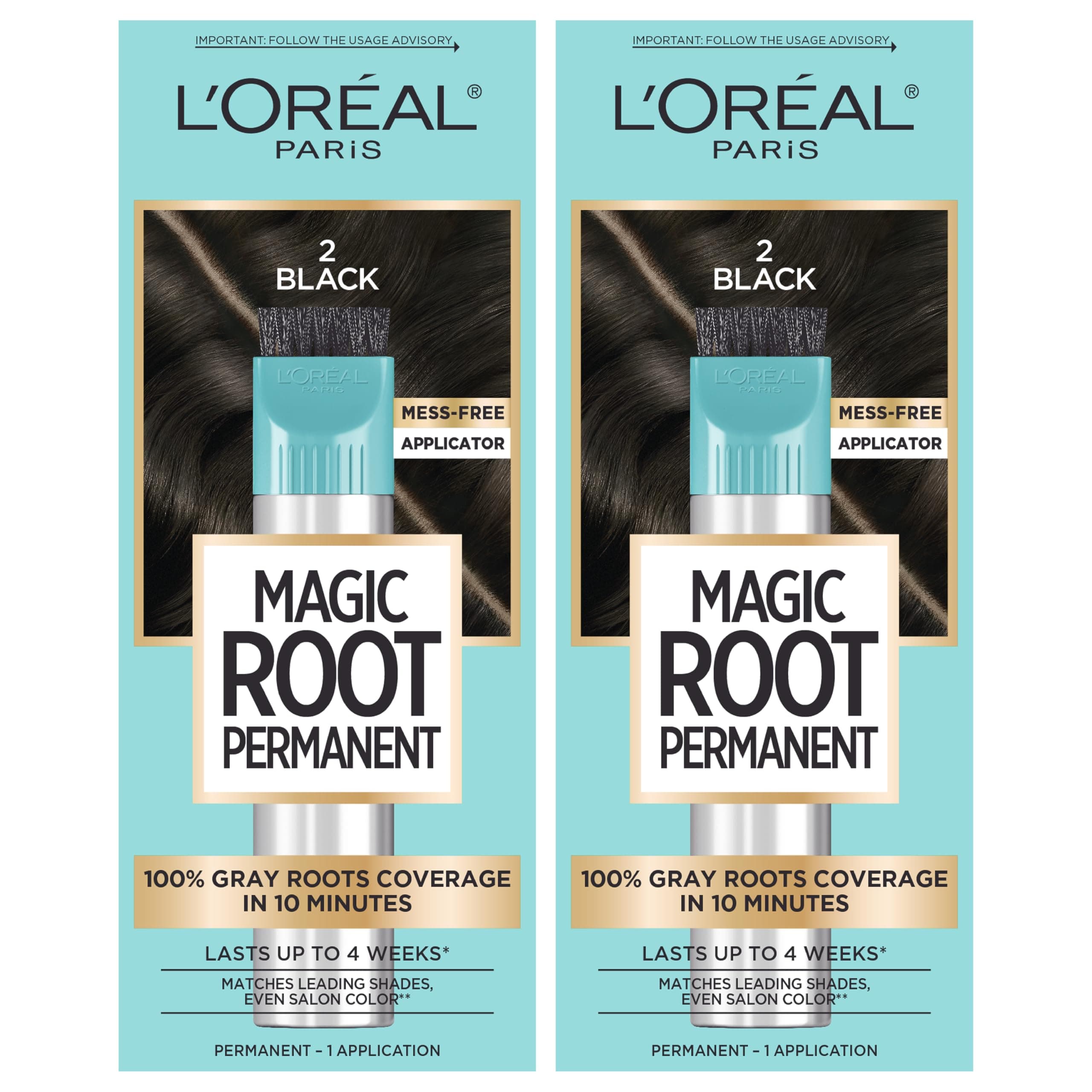 L’Oréal Paris Magic Root Permanent Hair Color, 10 Minute Root Coloring Kit with 100% Gray Hair Coverage, 2 Black, 2 Count