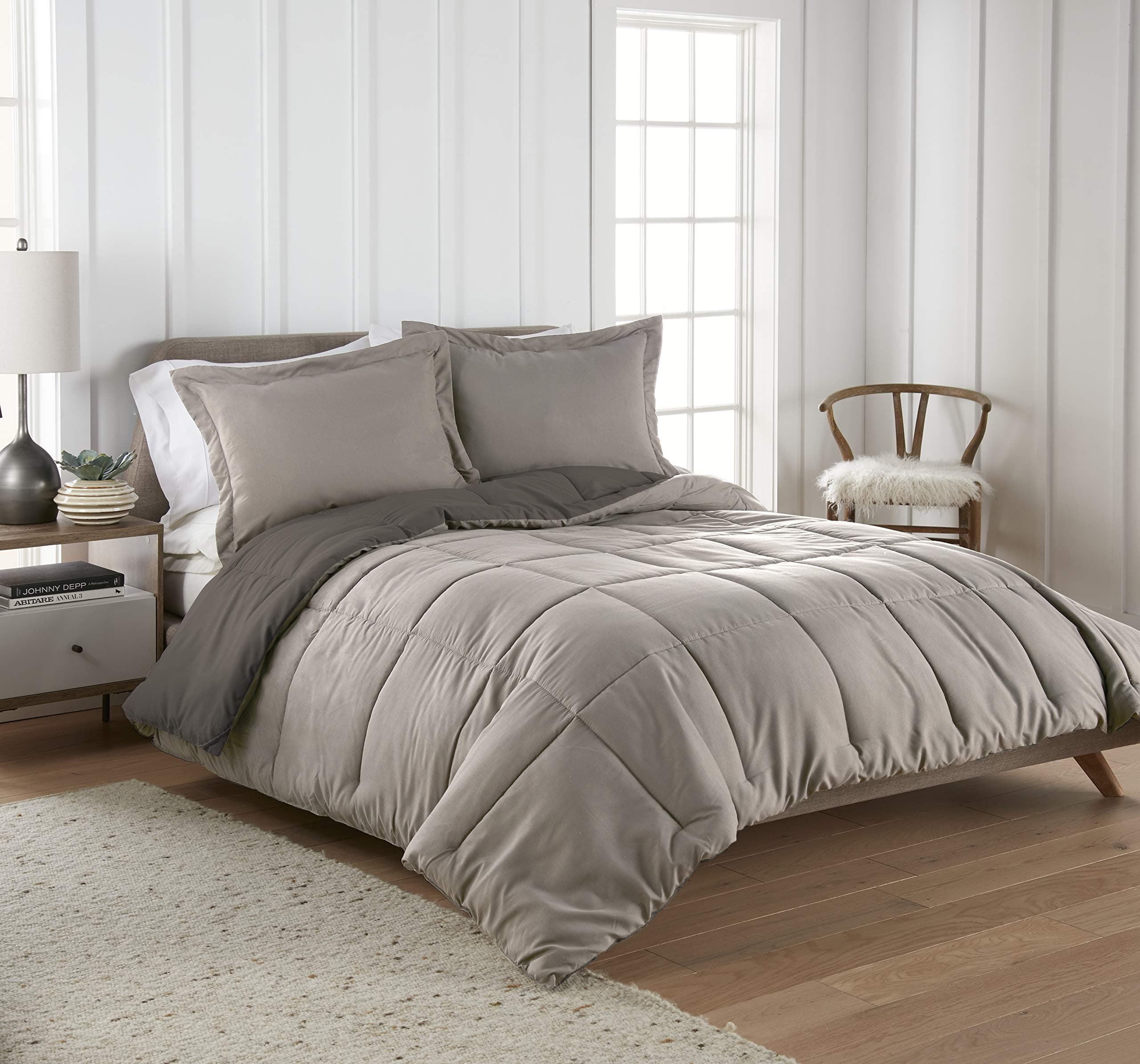 3 Pc Super Soft Light Grey/Dark Grey Reversible Comforter Queen Bed Set Down Alternative Queen Size Bedding Set with 2 Reversible Shams