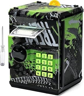 Vcertcpl ATM Piggy Bank for Boys Girls, Mini ATM Coin Bank Money Saving Box with Password, Kids Safe Money Jar for Adults with Auto Grab Bill Slot, Great Gift Toy Bank for Kids (Large, TY-GreenGray)
