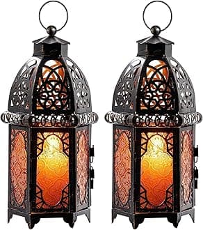 DECORKEY Vintage Large Size Decorative Moroccan Candle Lantern, 2 Pack 12.8’’ Metal Hanging&Tabletop Lantern Candle Holder Decor, Halloween Christmas Decorations for Home Indoor Outdoor Patio (Amber)