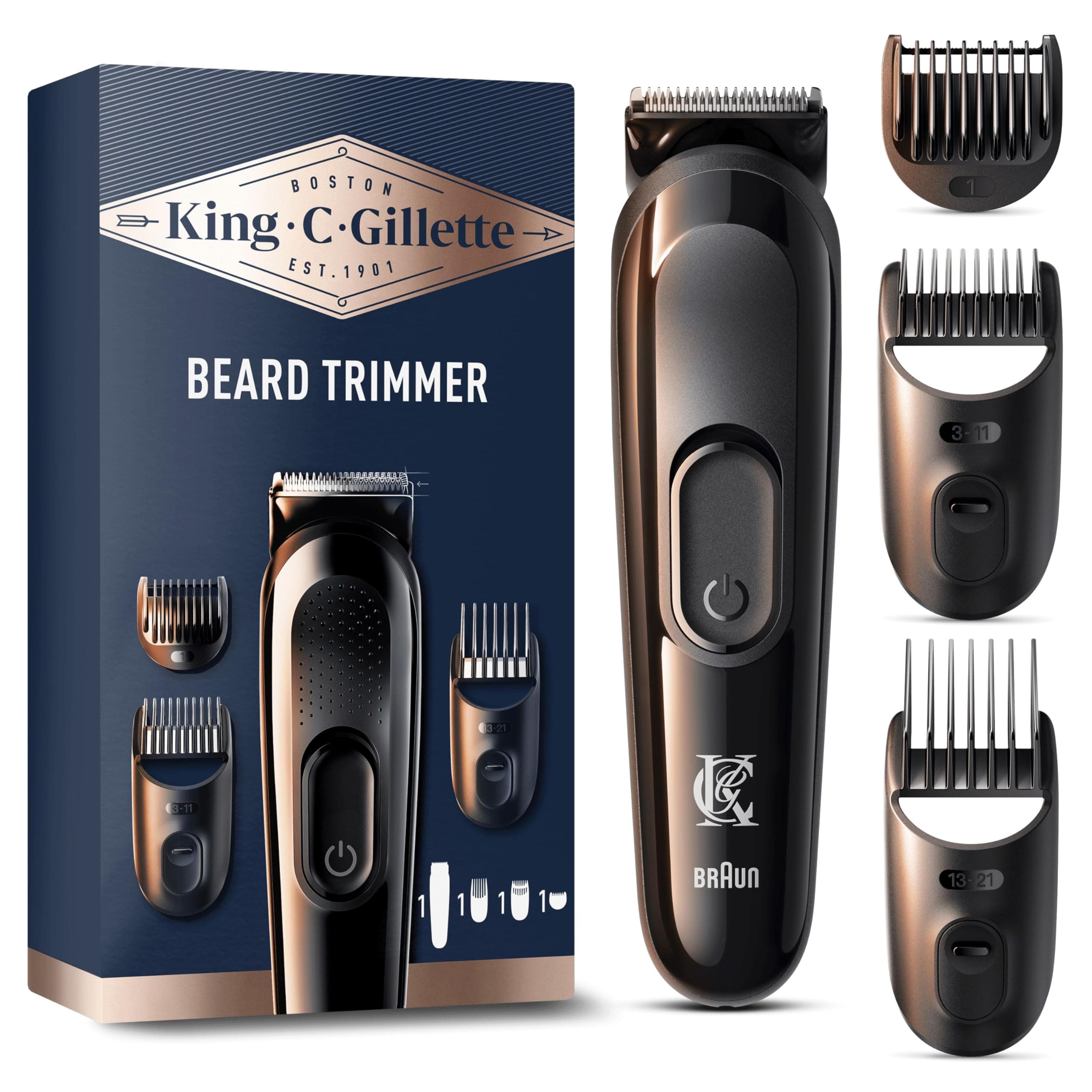 Cordless Beard Trimmer, Electric Razor with Lifetime Sharp Blades, Includes 3 Interchangeable Hair Clipper Combs, Gifts for Men, 2 Pin UK Plug