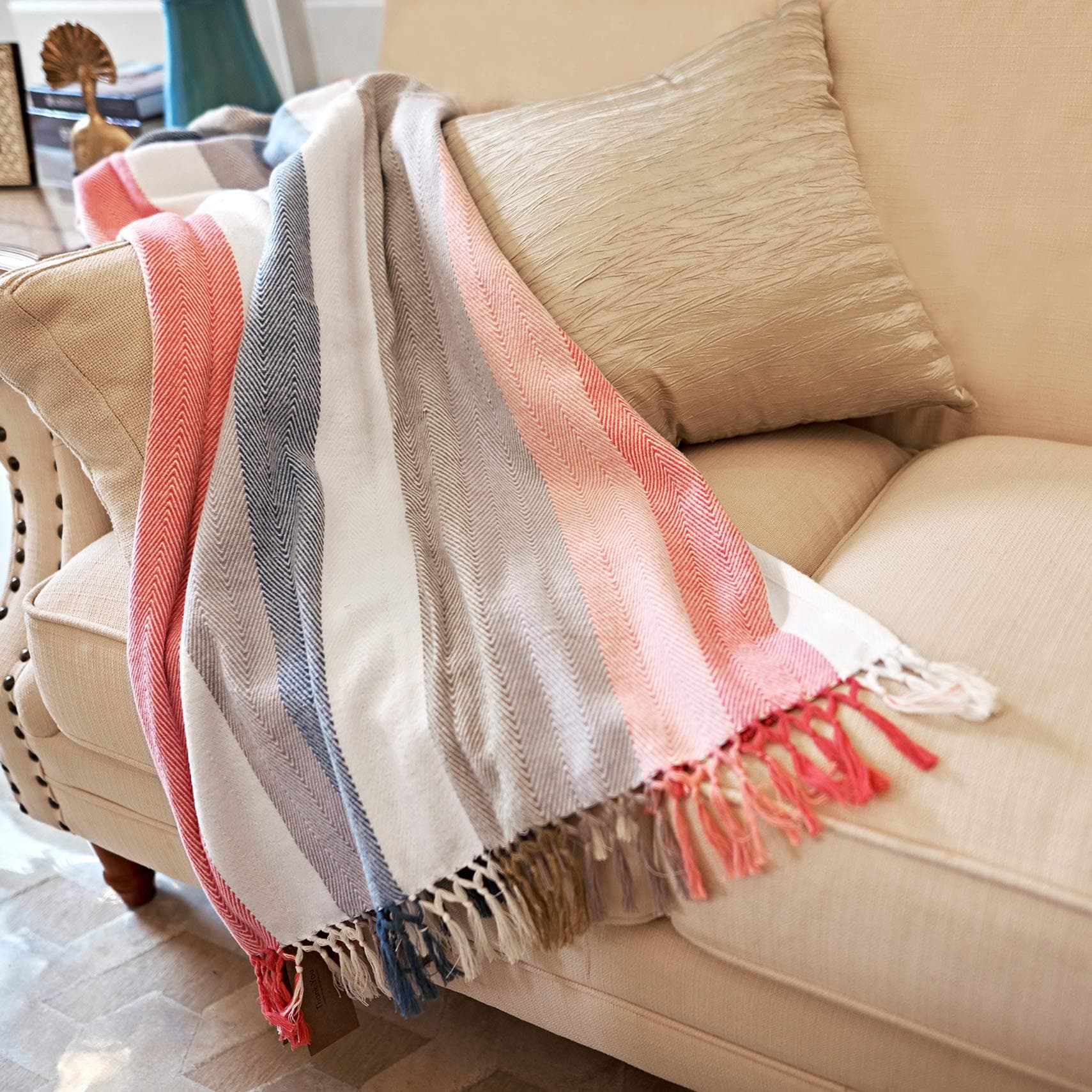 MOTINI 100% Cotton Multi-Colored Striped Throw Blankets Chevron Soft Woven with Decorative Fringe Tassels for Sofa Couch, 50" x 60", Red White Blue