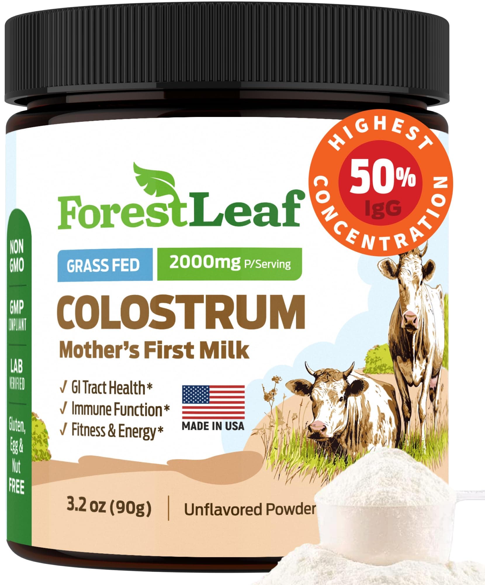 Colostrum Powder 50% IgG Highest Pure Concentration, Grass Fed Colostrum Supplement for Gut Health, Immune Support and Muscle Recovery, Bovine Colostrum for Humans, Unflavored, 45 Servings