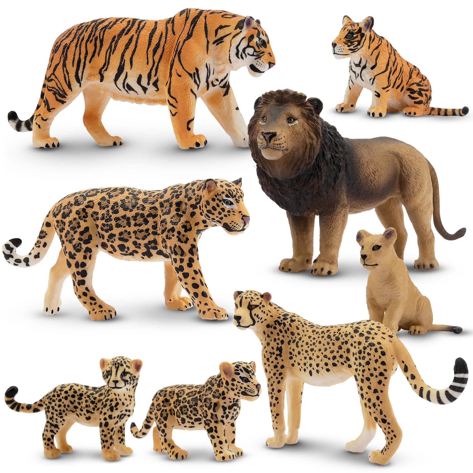 - Toymany 8PCS 2-5" Plastic Jungle Animals Figures Playset Includes Baby Animals, Realistic Lion, Tiger, Cheetah, Leopard Figurines with Cubs, Cake Toppers Christmas Birthday Toy Gift for Kids Toddlers