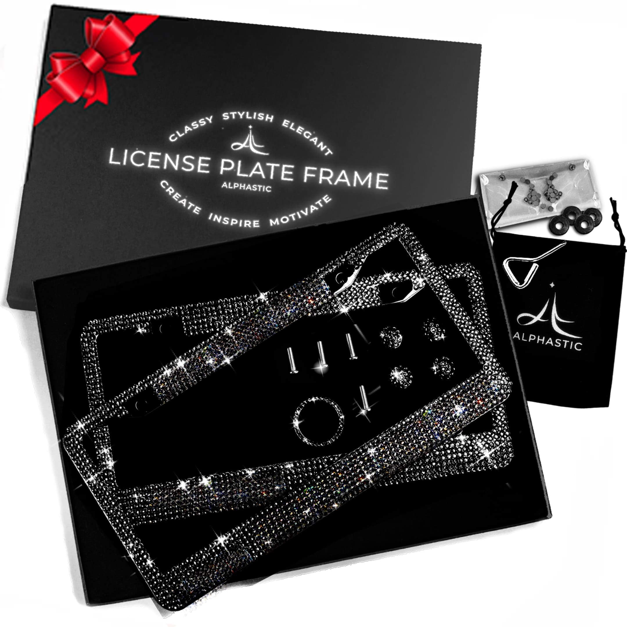 Glass Diamond Car License Plate Frame – 2 Pack Black Handmade | Sparkly Bling Rhinestone Stainless Steel Metal Frames for Women & Men Cars Plates. AA SS16 Crystal (Black Glass Diamond Rhinestone)