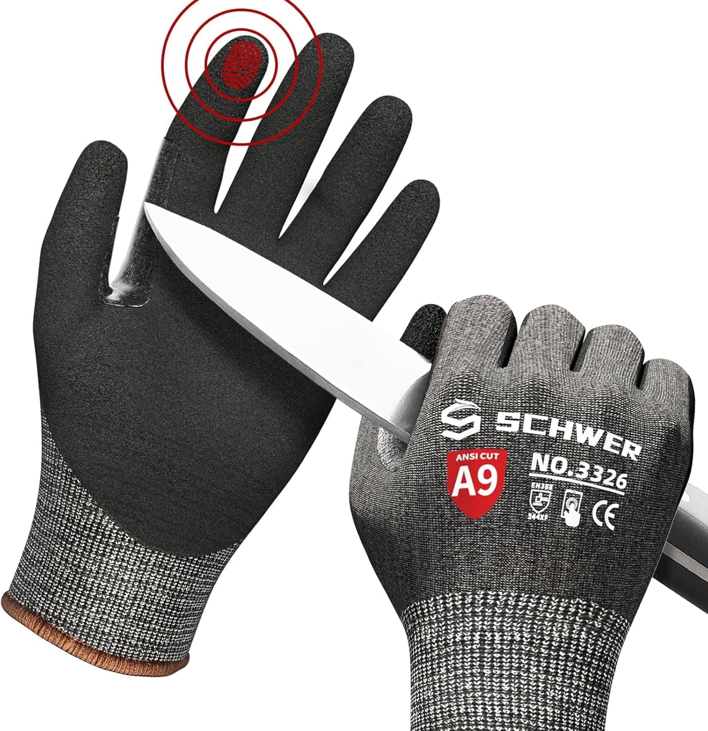 Schwer ProGuard Highest Level Cut Resistant Work Gloves PR3326 for Extreme Protection,ANSI A9 Cut Gloves with Reinforced Thumb, Non Slip, Non PFAS, Durable, Touch-screen, Black 2 Pairs(XL)