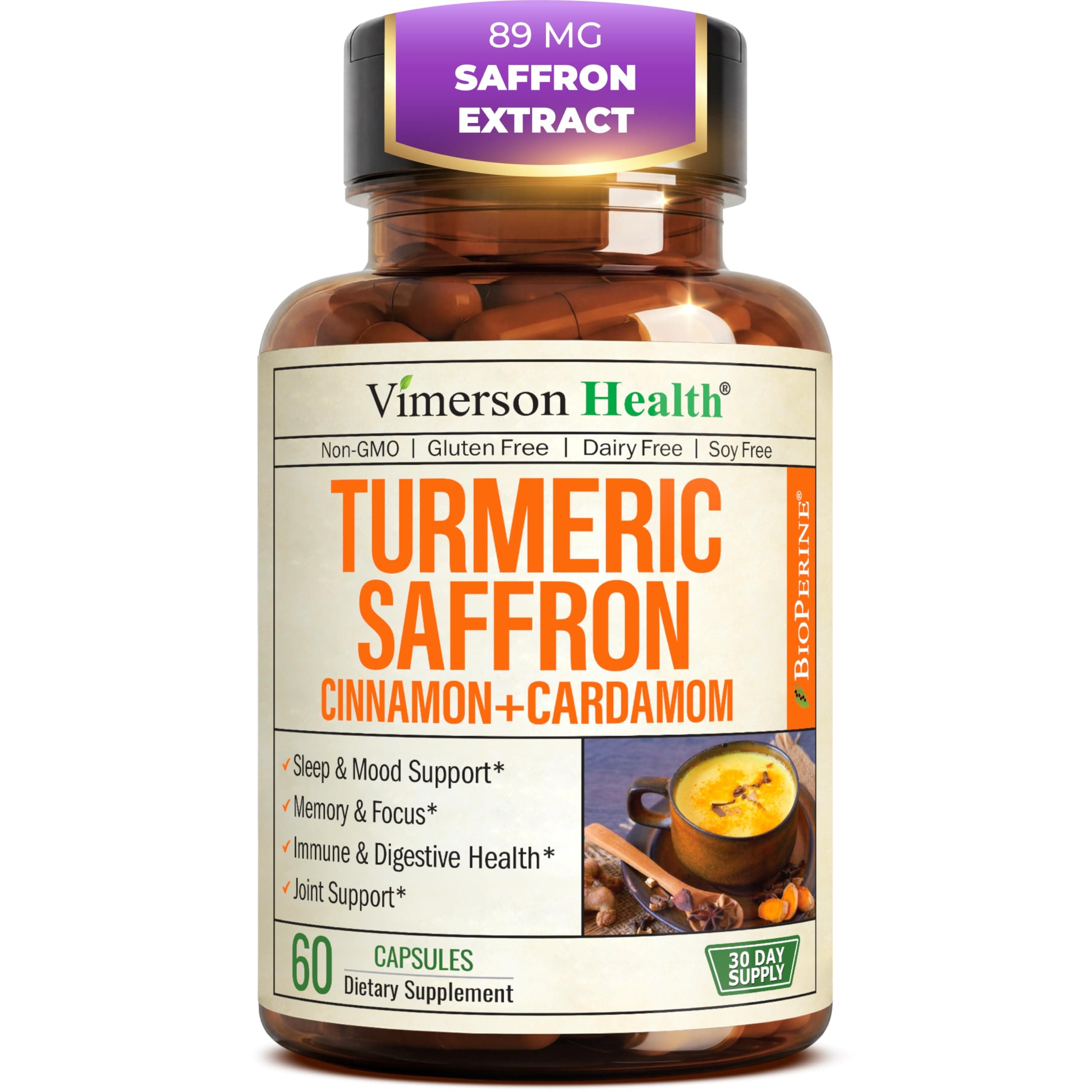 Saffron Supplements – 89mg Saffron Extract, 1000mg Turmeric Curcumin, Ceylon Cinnamon & Cardamom – Daily Mood, Joint & Metabolic Support – Joint Supplements for Women & Men – 60 Capsules