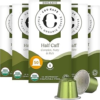 Cru Kafe USDA Organic Half Caff Espresso Coffee Capsules (50 Pods) Fairtrade Coffee Pods Compatible with Nespresso Original Line and Pixie Machines