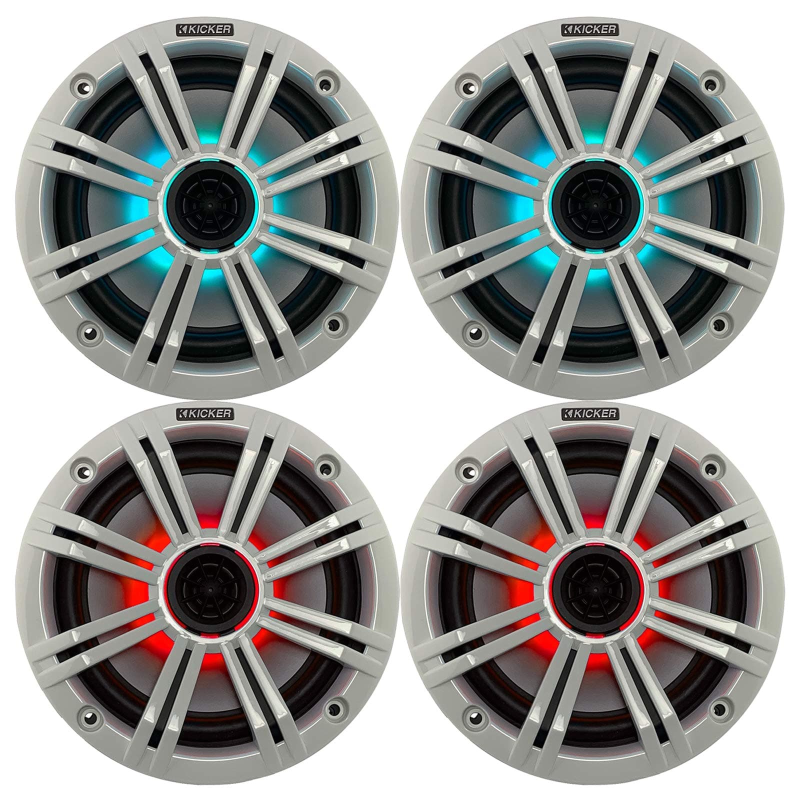 2- Pair (4-Speakers) Multi Color LED Lights Kicker 6.5" 195W Marine Audio Coaxial Stereo White Grills