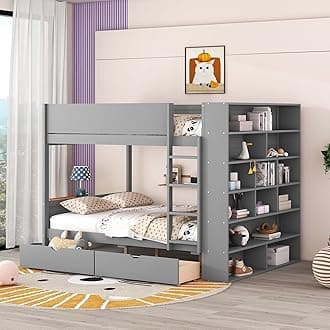 Modern Bunk Bed Full Over Full Size with Large Storage Shelves, Solid Wood Bunk Bed Frame with 2 Drawers and Safety Guardrail for Kids Teens Adults, Maximized Space (Grey-MLC)