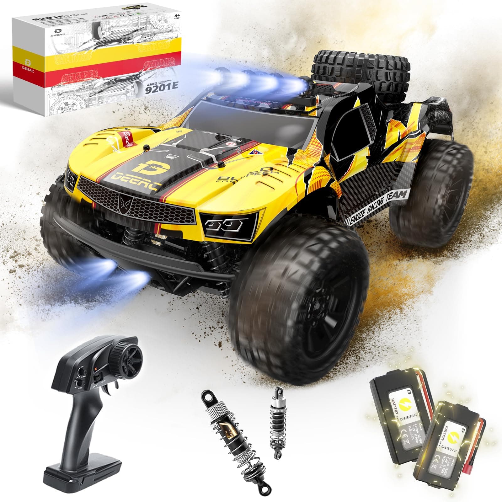 DEERC 9201E 1:10 Large Remote Control Truck with Lights, Fast Short Course RC Car, 48 km/h 4x4 Off-Road Hobby Grade Toy Monster Crawler Electric Vehicle with 2 Rechargeable Batteries for Adult Kid Boy