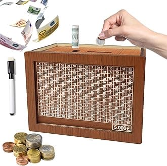 Yeelan Money Box Wooden,Piggy Bank 5000 Pound,Retro Personalised Box,Holiday Fund Box,Counting To Tick,Reusable Jar for Coin & Notes,Fun Gift For Adults Children,20x14.5x7.6cm Brown
