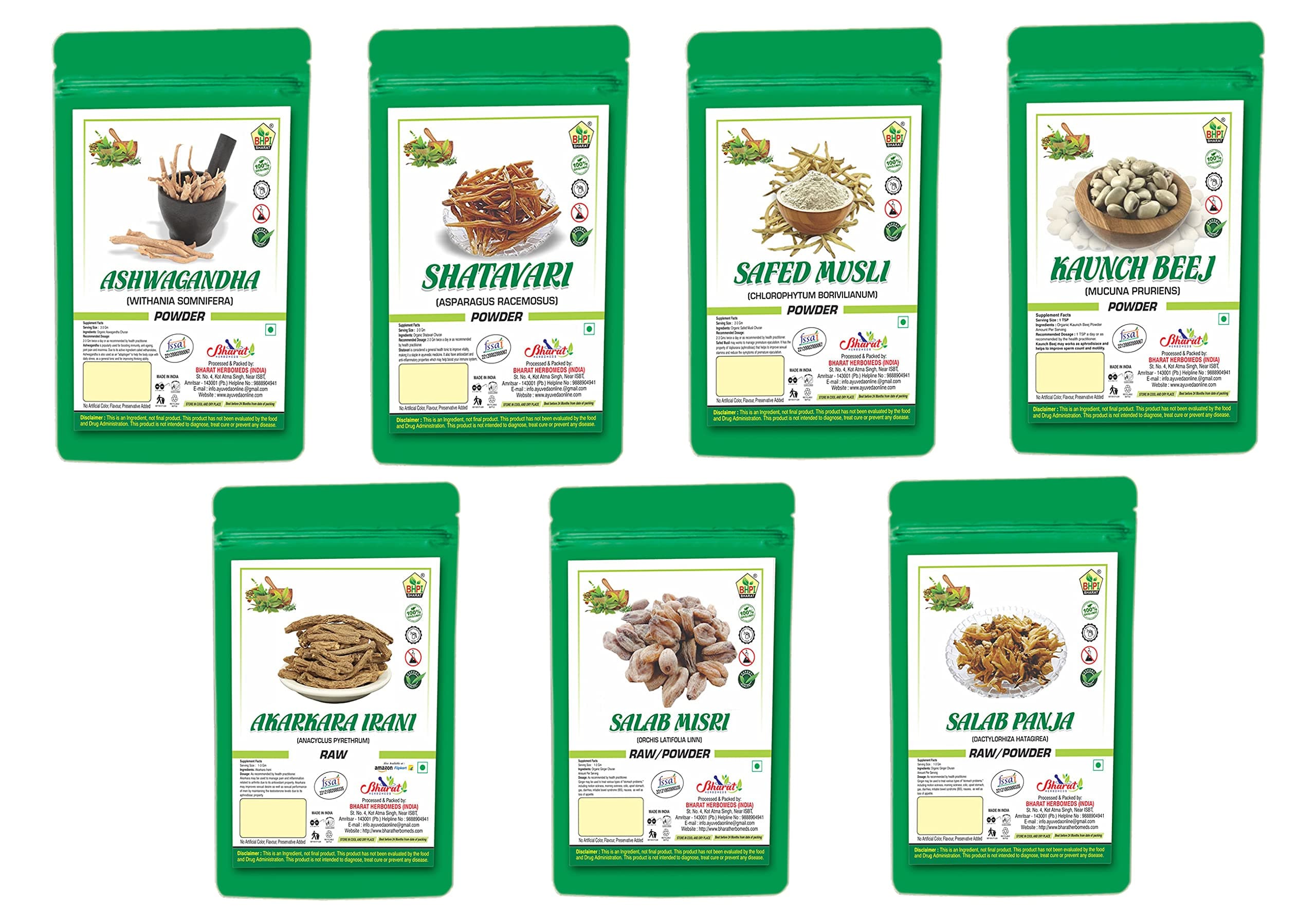 Premium Ayurvedic Herbal Powder Pack for Boosting Immune System - Bharat Ashwagandha Safed Musli Shatavari Kaunch Beej Powder 400gm (100gm Each) | Akarkara Irani Powder 50gm | Salab Misri & Salab Panja Powder 50gm (25gm Each) | Immunity Boosting Pack