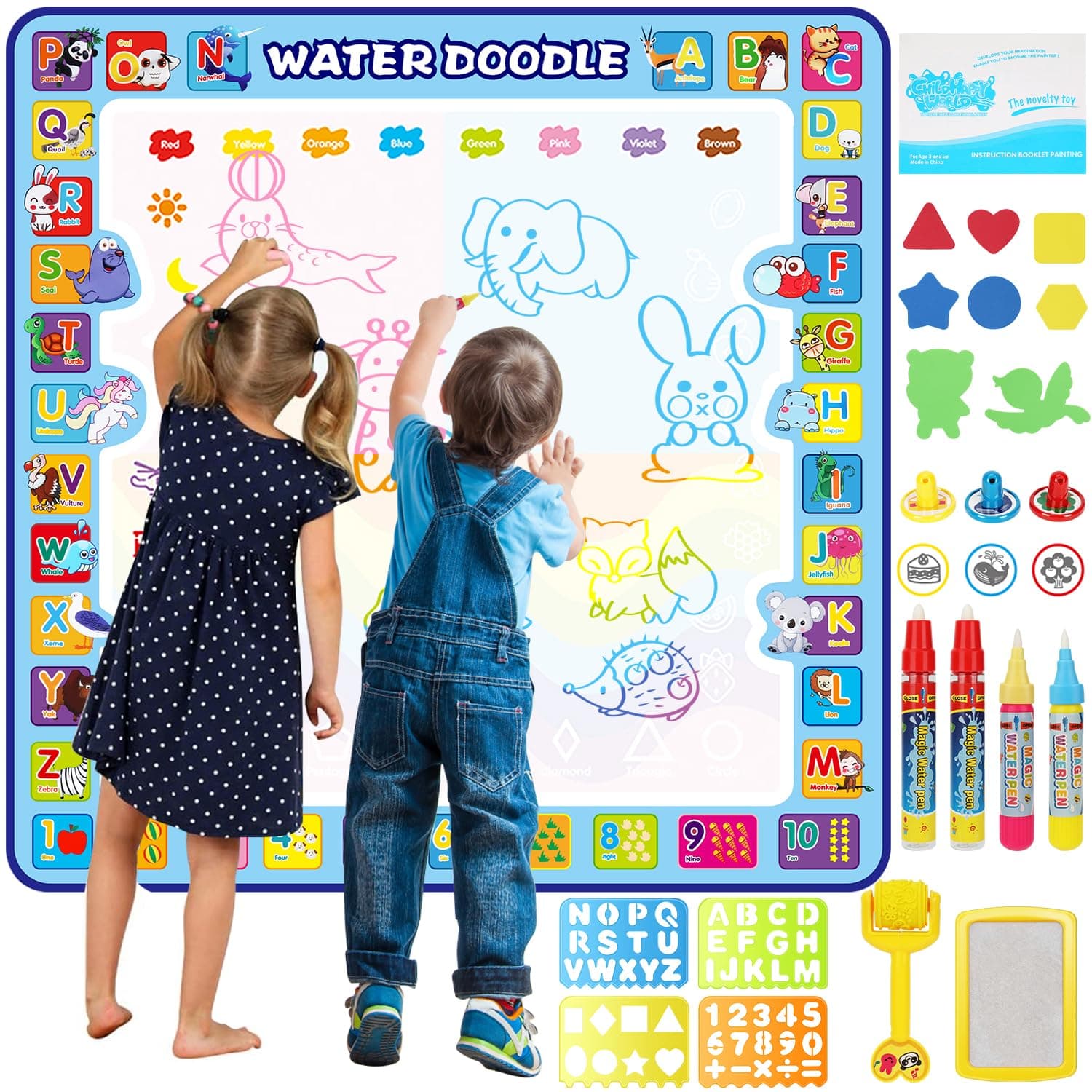 Tobeape® 100 X 100 cm Extra Large Aqua Magic Doodle Mat, Colorful Educational Water Drawing Doodling Mat Coloring Mat for Kids Toddlers Boys Girls Age of 3 4 5 6 7 8