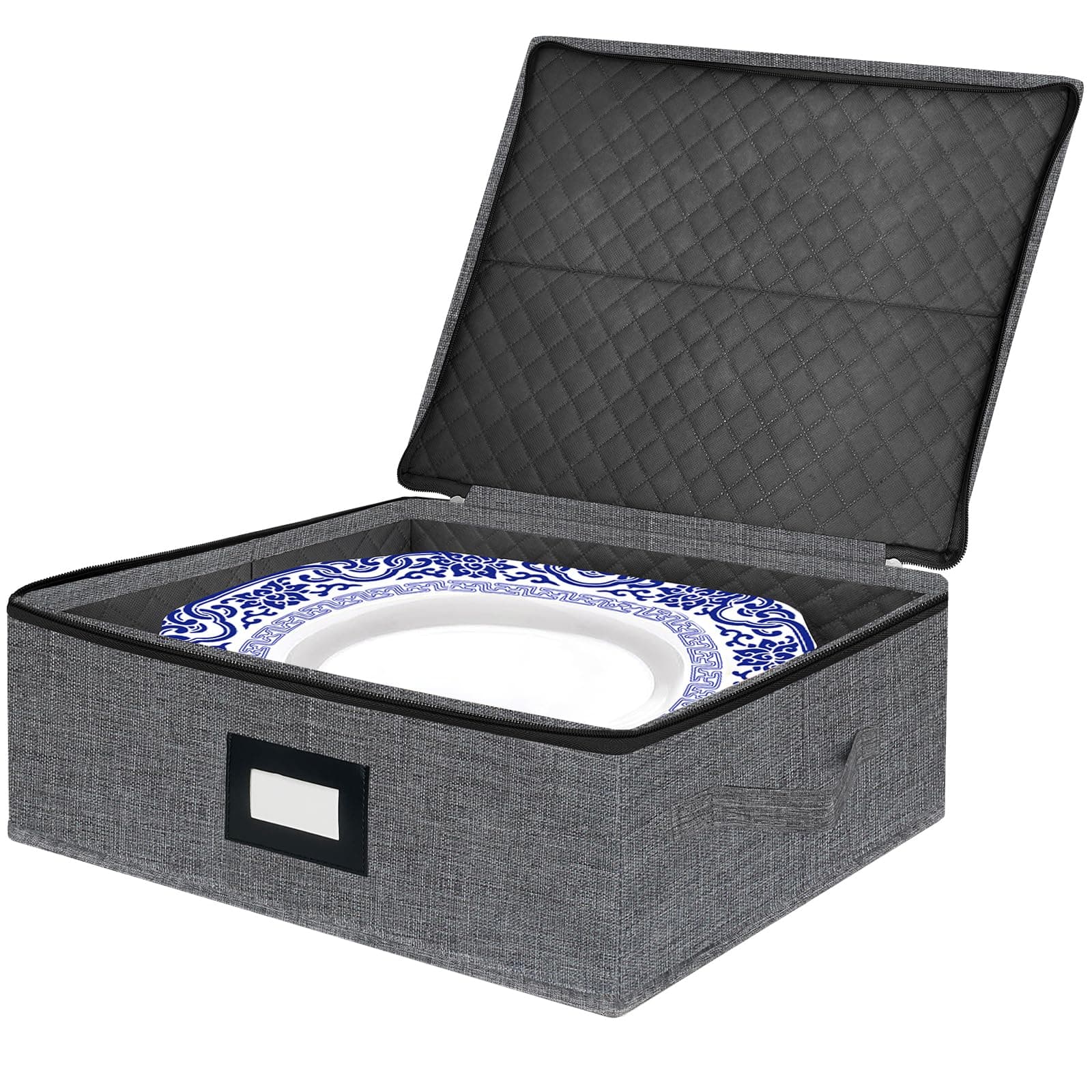 homyfort Platter Storage Case - Stackable China Storage Containers Hard Shell with Durable Zipper & Label & Sturdy Handles, 5.3” Height, Structured Top, 4 Felt Dividers Included (Dark Gray)