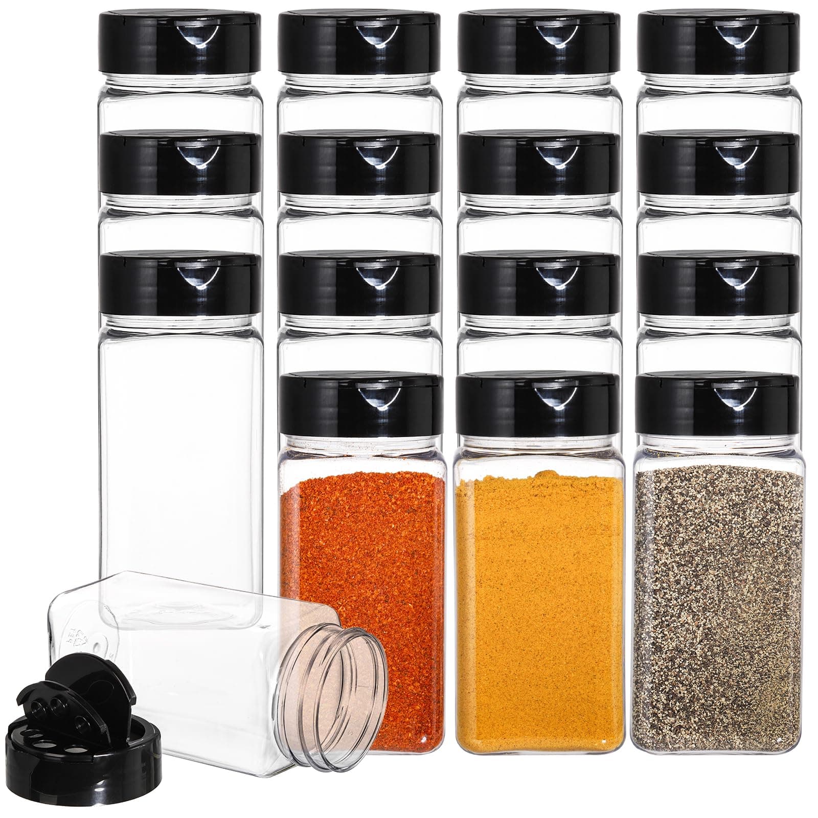 Bekith 16 Pack 9 oz Plastic Spice Jars with Black Cap, Plastic Spice Bottles Empty Seasoning Containers for Storing Spice, Herbs and Powders